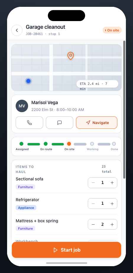 Crew app — job detail with map, items to haul, and start job