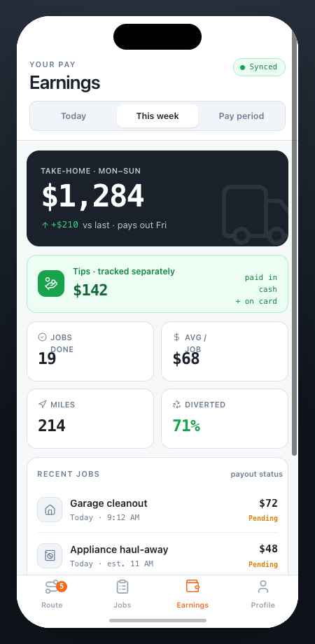 Crew app — driver earnings with take-home, tips, and jobs done