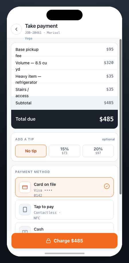 Crew app — take payment with itemized total and card on file