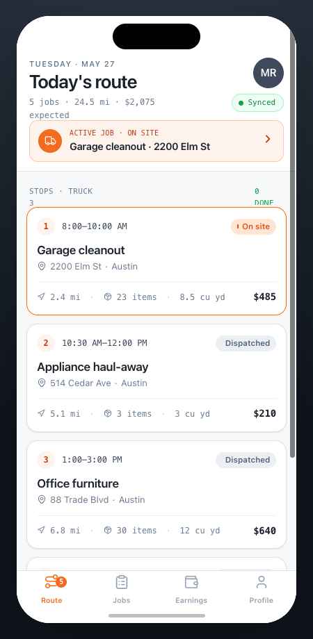 Crew app — today's route with jobs, truck, and expected total